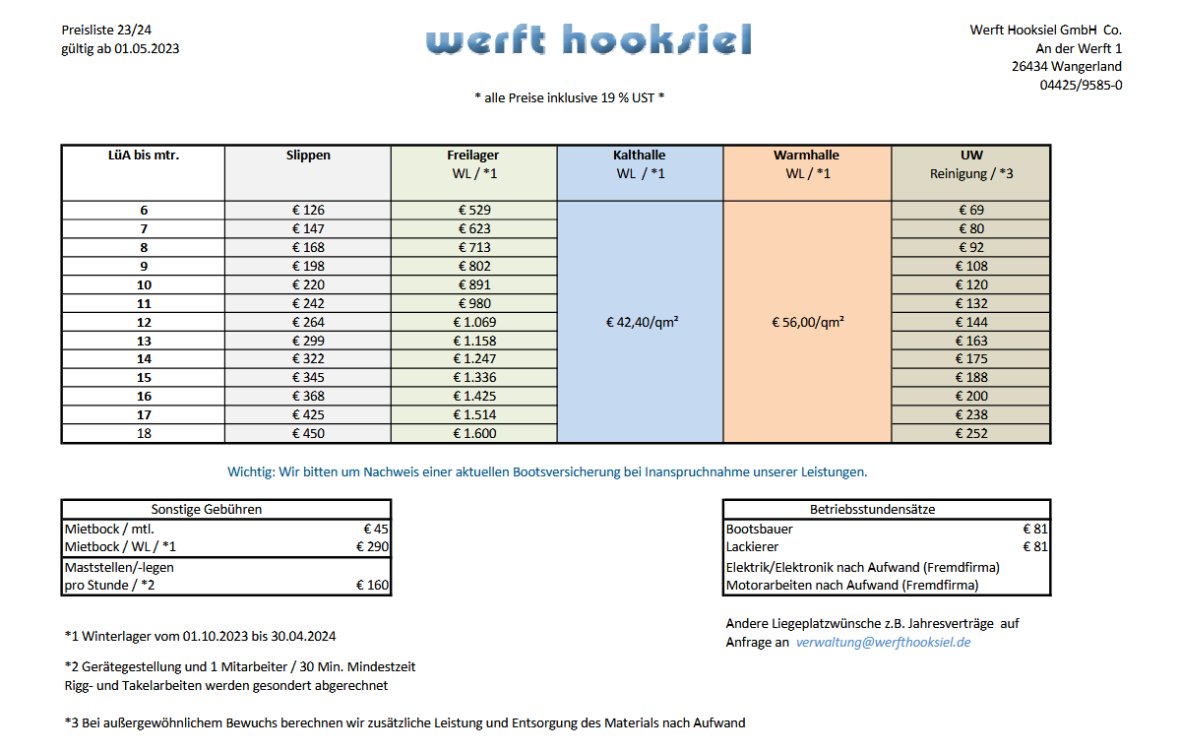 Preisliste 2023 / 2024 Werft Hooksiel Nordsee